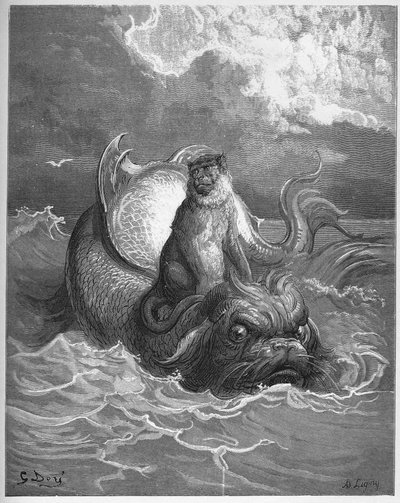 Apen en dolfijn - uit "Fabels" van Jean de La Fontaine door Gustave Dore