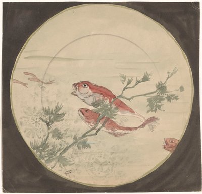 Ontwerp voor een bord met rode, omhoogzwemmende vissen door Gustave Fraipont (signed by artist)