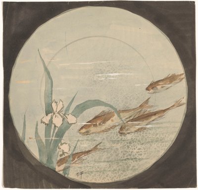 Ontwerp voor een bord met vier bruine, omlaagzwemmende vissen bij een witte iris door Gustave Fraipont (signed by artist)