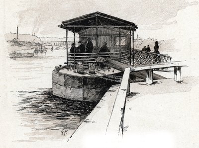 Embarcadère des Bateaux-mouches (Bateaux-mouches) op de Seine, Parijs. Tekening door Gustave Fraipont (1849-1923) uit 
