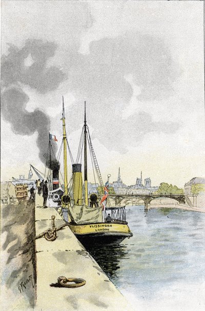 Engelse boten bij de brug van de Saints-Peres of Carrousel, Parijs. Tekening door Gustave Fraipont (1849-1923) uit Saint-Juirs door Gustave Fraipont