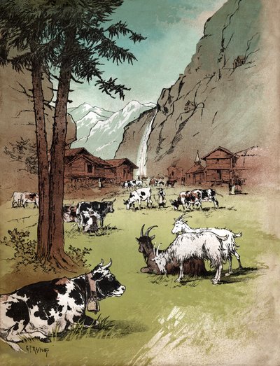 Boerderij en landschap in de Zwitserse Alpen, ca. 1910 (illustratie) door Gustave Fraipont