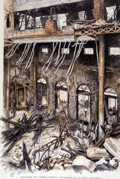 Brandweerlieden werken in de ruïnes van de zaal van de opera comique de Paris na de brand, door Fraipont door Gustave Fraipont