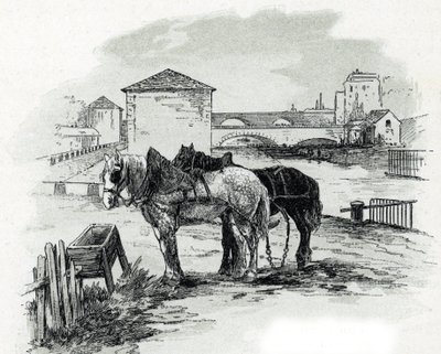 Trekpaarden, quai de la Gironde, Villette Tekening door Gustave Fraipont (1849-1923) uit Saint-Juirs door Gustave Fraipont