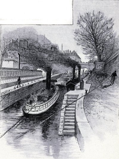 Sleepboten bij de sluis op de rivier de Seine voor het Hôtel des Monnaies, Parijs Tekening door Gustave Fraipont (1849-1923) uit Saint-Juirs door Gustave Fraipont