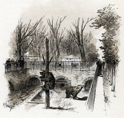 Uitzicht op de berenkuil in de Zoo du Jardin des Plantes, Parijs Tekening door Gustave Fraipont (1849-1923) uit 