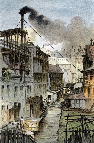 Uitzicht op de rivier de Bievre vanaf de Port Royal boulevard, Parijs. Tekening door Gustave Fraipont uit 