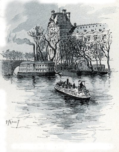 Uitzicht op het Pavillon de Flore, Palais du Louvre, vanaf de Quai Voltaire, Parijs Tekening door Gustave Fraipont (1849-1923) uit Saint-Juirs door Gustave Fraipont