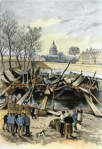 Uitzicht op de appelmarkt op schuiten op de Seine, nabij Hotel de Ville, Parijs Tekening door Gustave Fraipont (1849-1923) uit Saint-Juirs door Gustave Fraipont
