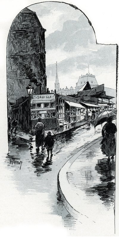 Uitzicht op de brocanteurs op de hoek van de rue de la Bucherie in Parijs Tekening door Gustave Fraipont (1849-1923) uit 