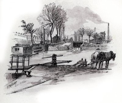 Uitzicht op het kanaal Saint-Denis en quai de la Gironde in La Villette, Parijs Tekening door Gustave Fraipont (1849-1923) uit Saint-Juirs door Gustave Fraipont