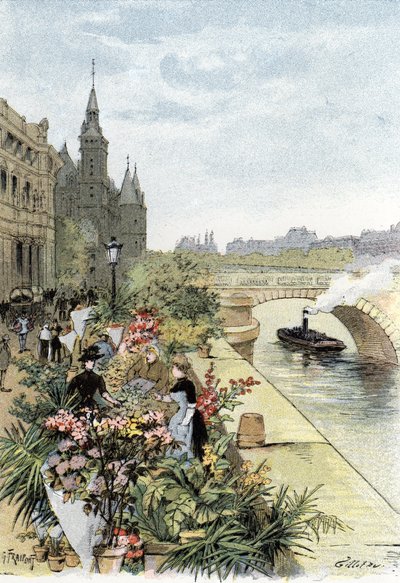 Uitzicht op de bloemenmarkt, Île de la Cité, Parijs door Gustave Fraipont