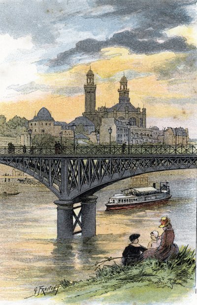 Uitzicht op de voetgangersbrug van Passy (nu brug van Bir Hakeim) in Parijs. Tekening door Gustave Fraipont (1849-1923) uit Saint-Juirs door Gustave Fraipont