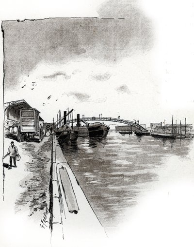 Voetgangersbrug van het Canal de la Villette, Parijs door Gustave Fraipont