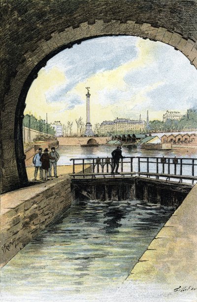 Uitzicht op de sluis van Canal Saint Martin in Parijs. Tekening door Gustave Fraipont (1849-1923) uit 