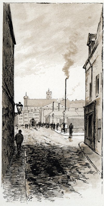Uitzicht op het mortuarium van Parijs op het Île de la Cité, Parijs. Tekening door Gustave Fraipont (1849-1923) uit Saint-Juirs door Gustave Fraipont