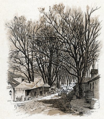 Uitzicht op het nieuwe magazijn van rue Leopold, Bercy, Parijs. Tekening door Gustave Fraipont (1849-1923) uit 