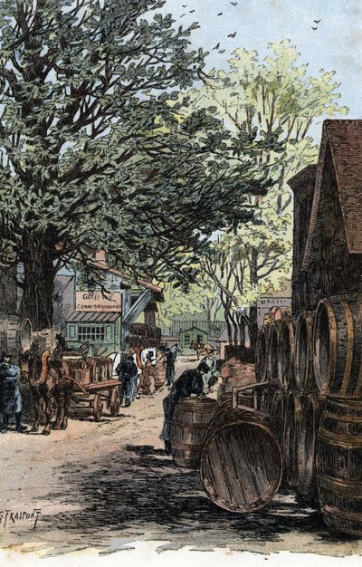 Uitzicht op het nieuwe magazijn in de Rue Laroche, Bercy, Parijs Tekening door Gustave Fraipont (1849-1923) uit 