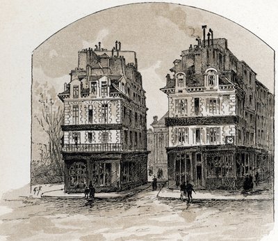 Uitzicht op de oude huizen van Pont-Neuf in Parijs. Tekening door Gustave Fraipont (1849-1923) uit Saint-Juirs door Gustave Fraipont