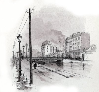 Uitzicht op de draaibrug van quai de Valmy aan het kanaal Saint Martin, Parijs. Tekening door Gustave Fraipont (1849-1923) uit Saint-Juirs door Gustave Fraipont