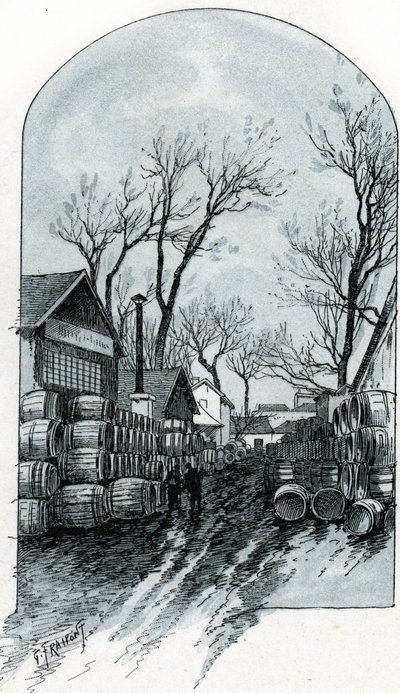 Uitzicht op het magazijn van rue de Sauternes, Bercy, Parijs Tekening door Gustave Fraipont (1849-1923) uit 
