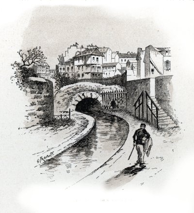 Vue de la Bievre près des Gobelins, Parijs. Tekening door Gustave Fraipont (1849-1923) uit 