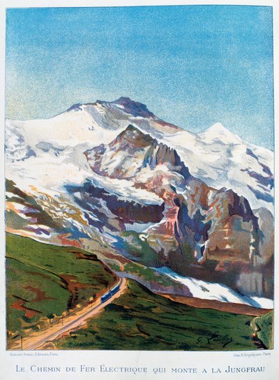 De elektrische spoorweg naar de Jungfrau, Zwitserse Alpen door Gustave Francois Lasellaz