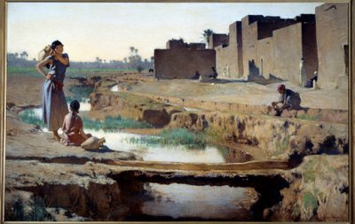 La Seguia bij Biskra Vrouw en kind halen water bij de rivier in een oase in de Algerijnse woestijn door Gustave Guillaumet