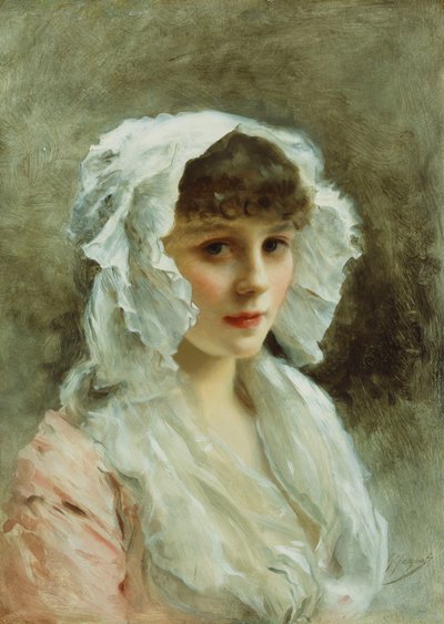 Portret van een dame met een witte kap door Gustave Jacquet