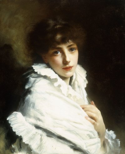 Portret van een jong meisje in het wit door Gustave Jacquet