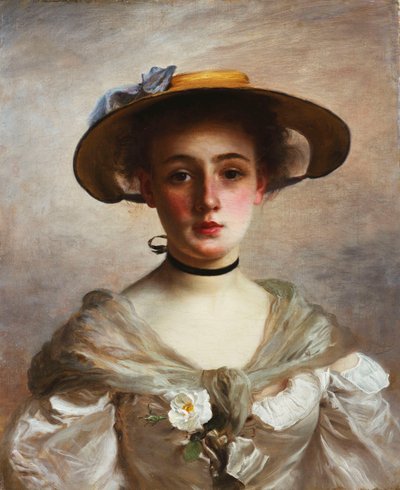 Portret van een jong meisje met een strohoed door Gustave Jacquet