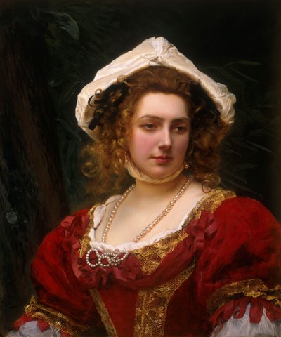 Portret van een elegante dame in een rode fluwelen jurk door Gustave Jacquet