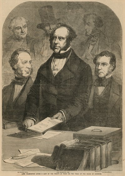 Lord Palmerston legt een kopie van het Vredesverdrag op de tafel van het Lagerhuis door Gustave Janet