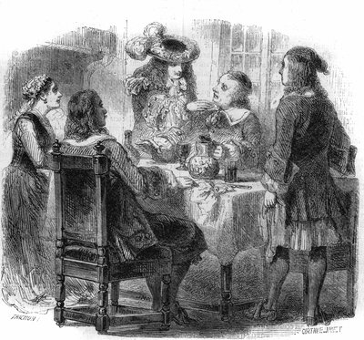 Russische tsaar Peter de Grote, gehuisvest in Frankrijk bij de familie Kalf, observeert de discussie tussen zijn gastheer en een dronkaard, de markies de Bernardini. Gravure door Gustave Janet door Gustave Janet