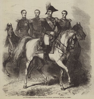 De keizer Alexander van Rusland, en de groothertogen Constantijn, Nicolaas en Michael door Gustave Janet