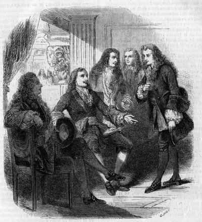 De ontmoeting tussen de Russische tsaar Peter de Grote (1672-1725) en Voltaire (Francois Marie Arouet, genoemd) (1694-1778). Gravure door Gustave Janet door Gustave Janet