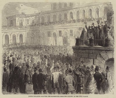 Victor Emmanuel begroet de Florentijnen vanaf de Galerij van het Pitti Paleis door Gustave Janet
