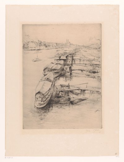 Aangemeerde boten te Auteuil, Parijs door Gustave Leheutre (signed by artist)