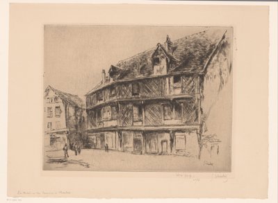 Straat met huizen en wandelaars in Chartres door Gustave Leheutre (signed by artist)