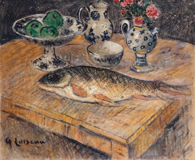 Stilleven met vis, bloemen en appels door Gustave Loiseau
