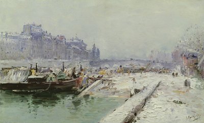 Île de la Cité Onder Sneeuw door Gustave Madelein