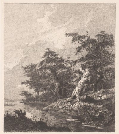 Rivierlandschap met rustende herder bij een boomstronk door Gustave Marie Greux