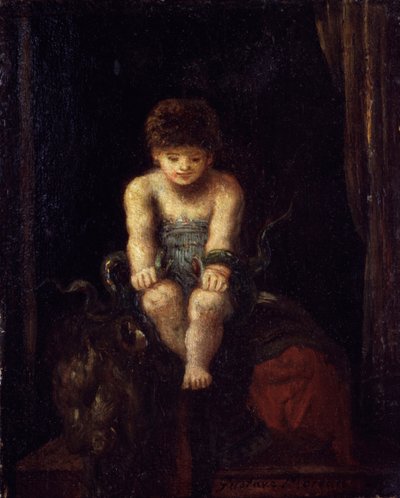 Hercules kind dat de slangen wurgt (olieverf op hout) door Gustave Moreau