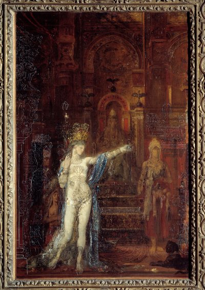 Salome danst in de feestzaal van Herodes. Herodes, zittend op een hoge troon, is gefascineerd door de schoonheid van de magiër door Gustave Moreau