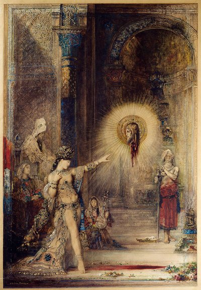 De verschijning. Het onthoofde hoofd van Johannes de Doper verschijnt voor de danseres Salome aan het hof van Herodes I de Grote (73-4 v.Chr.). Aquarel door Gustave Moreau (1826-1898) 1876. Parijs, Musee d