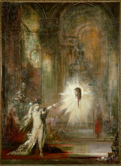 De verschijning. Salome vraagt het hoofd van Johannes de Doper na het dansen in de feestzaal van Herodes. Ze wijst naar het hoofd van de profeet terwijl Herodias achter haar staat. door Gustave Moreau
