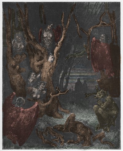 Inferno, Canto 13: De Harpijen in het bos van zelfmoordenaars, illustratie uit De Goddelijke Komedie van Dante Alighieri, 1885 (digitaal ingekleurde gravure) door Gustave after Dore
