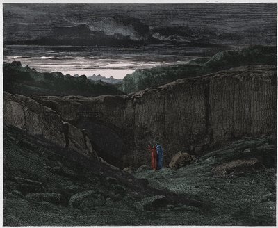 Inferno, Canto 3: Vergilius en Dante bij de poorten van de hel, illustratie uit De Goddelijke Komedie van Dante Alighieri, 1885 (digitaal ingekleurde gravure) door Gustave after Dore