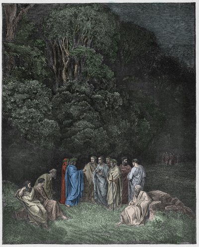 Inferno, Canto 4: Homerus, de dichters en helden in Limbo, illustratie uit De Goddelijke Komedie van Dante Alighieri, 1885 (digitaal ingekleurde gravure) door Gustave after Dore