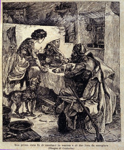 Zijn eerste zorg was om ze naar de keuken te brengen en te voeden... Illustratie van de nieuwe "Colomba" geschreven door Prosper Merimee. Gravure door Gustavino (Gustavo Rosso), circa 1915 door Gustavo Gustavino Rosso